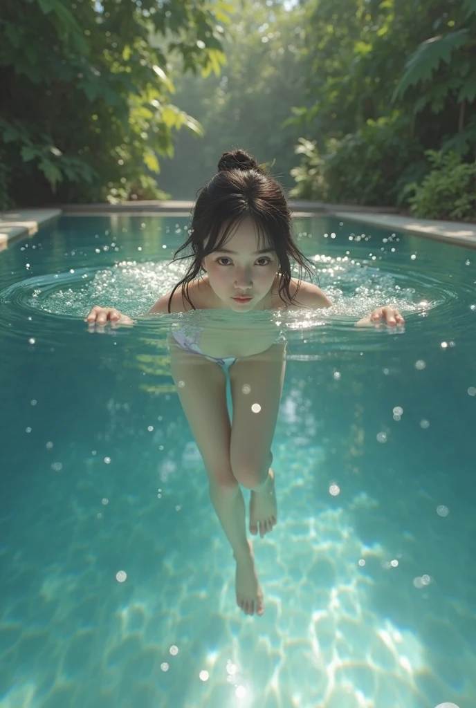 A young beautiful swimmer with a slim and muscular figure (huge breasts: 1.3), flirts with a camera, showing her composition from head to thigh. Long eyelashes, double eyelids. Flowing ponytail, wearing a high-legged swimsuit, edge light, masterpiece, realism, the best quality