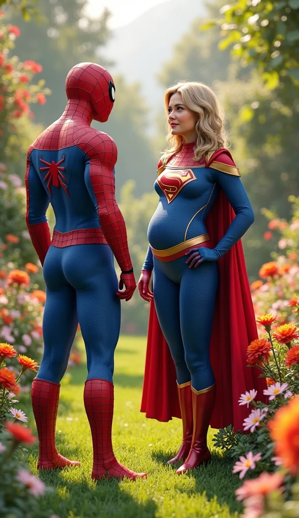 Spiderman is inserting his fingers in Mary Jane Watson’s vagina under her skirt, he is fingering her, she is in ecstasy, she is pregnant, intimate, kiss