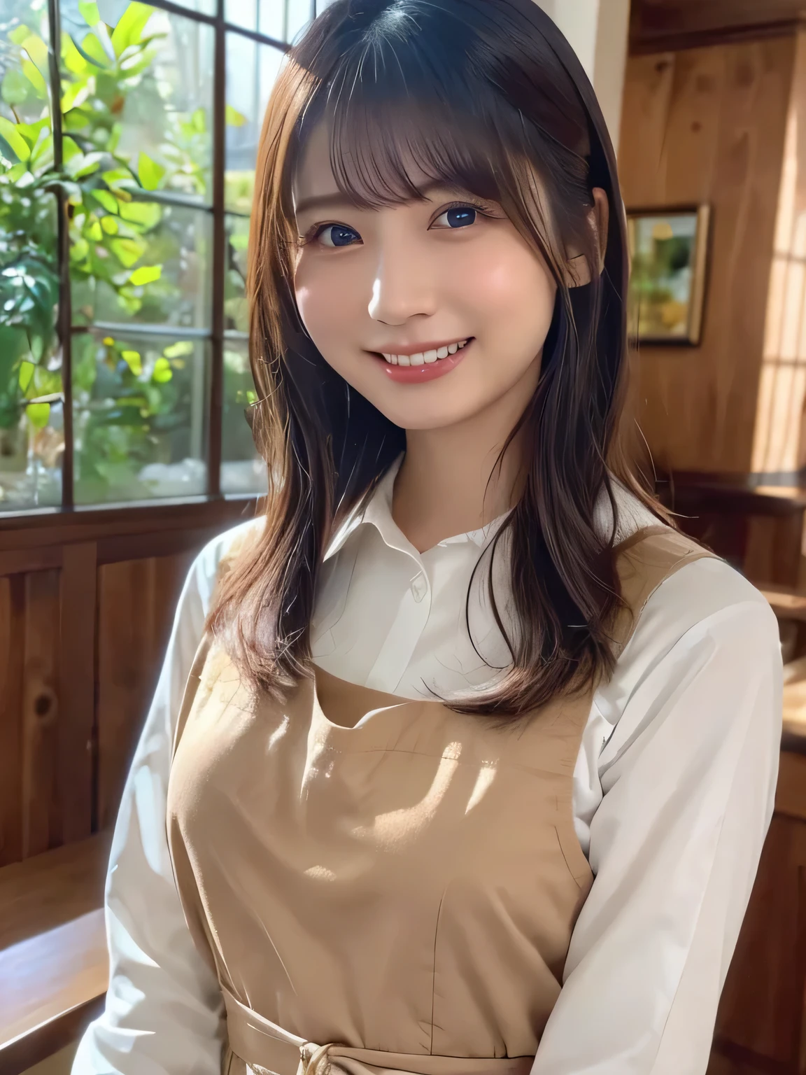 (best quality、Table Top、8k、best image quality、超A high resolution:1.5, (Photorealistic:1.4),masterpiece:1.2,(top-quality:1.4)、Raw photo)、Woman working at a cafe、apron、上品なシャツとapron、(highlight your body line:1.1)、portrait of a beautiful woman、most elegant and cozy cafe、The most natural cafe, Perfectly organized、Most Ambient Warm Lighting、stylish and elegant cafe、 Strongly blurred background 、 look at me and laugh、super high resolution perfect and beautiful teeth、Ultra HD beautiful face、ultra HD hair、Ultra HD The Shining Eyes、The Shining, Super High Quality Beautiful Skin 、Super High Quality Glossy Lips 1 Beautiful Girl、Japanese idols、30 years old、are beautiful in every detail and have an eye for detail、detailed face、beautiful skin、slender、Surimi Waist、thin legs、 Glamorous Hairstyles :1.3、cafe clerk 、smile:1.2、、1a japanese girl、Cute、 (RAW Photo:1.2), (photorealistic:1.4), beautiful detailed girl surrounded by thugs, Very Well Detailed Eyes and Face
