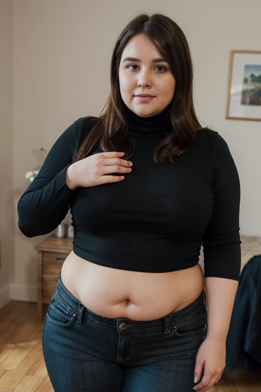 ((Best quality)), ((masterpiece)), (detailed), Chubby young girl standing in the middle of the kitchen room, wearing soft cotton pants and a short top, wide and massive hips, plump belly, fat folds, hanging on the stomach