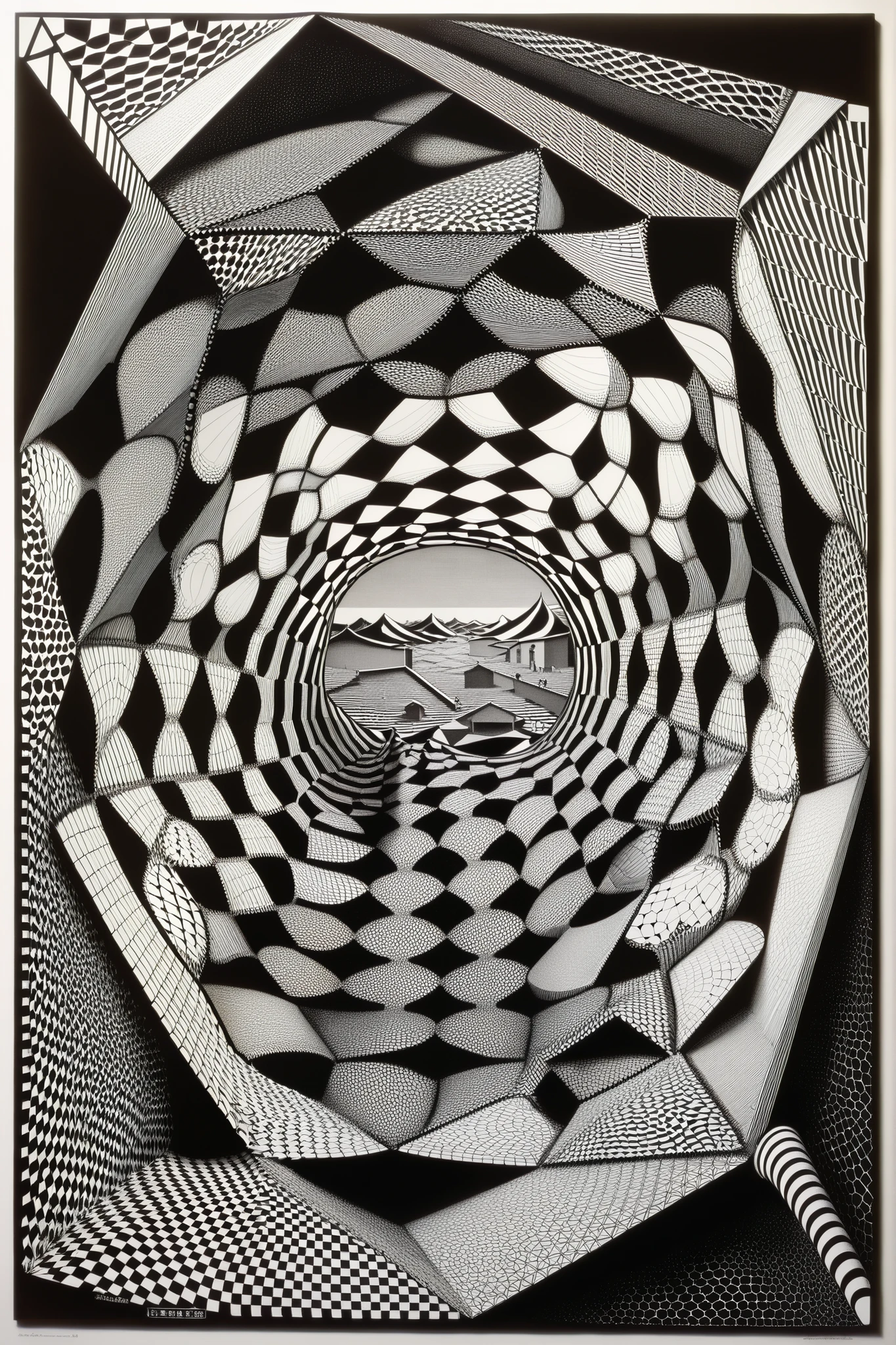 ( Voronoi diagram ) , エッシャーによる不可能なgeometryパターンの中の建築階段 , Optical illusion , math illustrations , sine wave , Gaussian distribution , tessellation , use of mathematics , geometry , and Optical illusions to create impossible worlds and mind-bending images . infinite themes , Recursive , and transformation . A surreal nod of Escher's workmanship :1 . 2 , This artwork exudes 、 draws viewers into a world of paradoxes :1 . 2 hands :1 . 1 bring out each other's existence , forming an infinitely self-referential loop :1 . 1 , homage to the artist's optical brilliance :1 . 2 . , Escher's art , 3D レンダリングされたgeometry的錯覚 , Escher's art ,