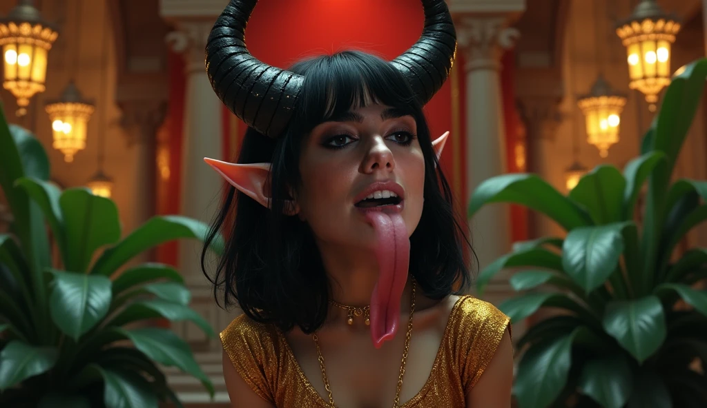 a demon girl with fiery attire, detailed face and eyes, dark skin, horns, detailed demonic features, in a dark hellish dessert shop, flame-themed ice creams shaped like , realistic, photorealistic, 8k, best quality, masterpiece, highly detailed, vivid colors, dramatic lighting, moody atmosphere, dark fantasy, horror, cinematic