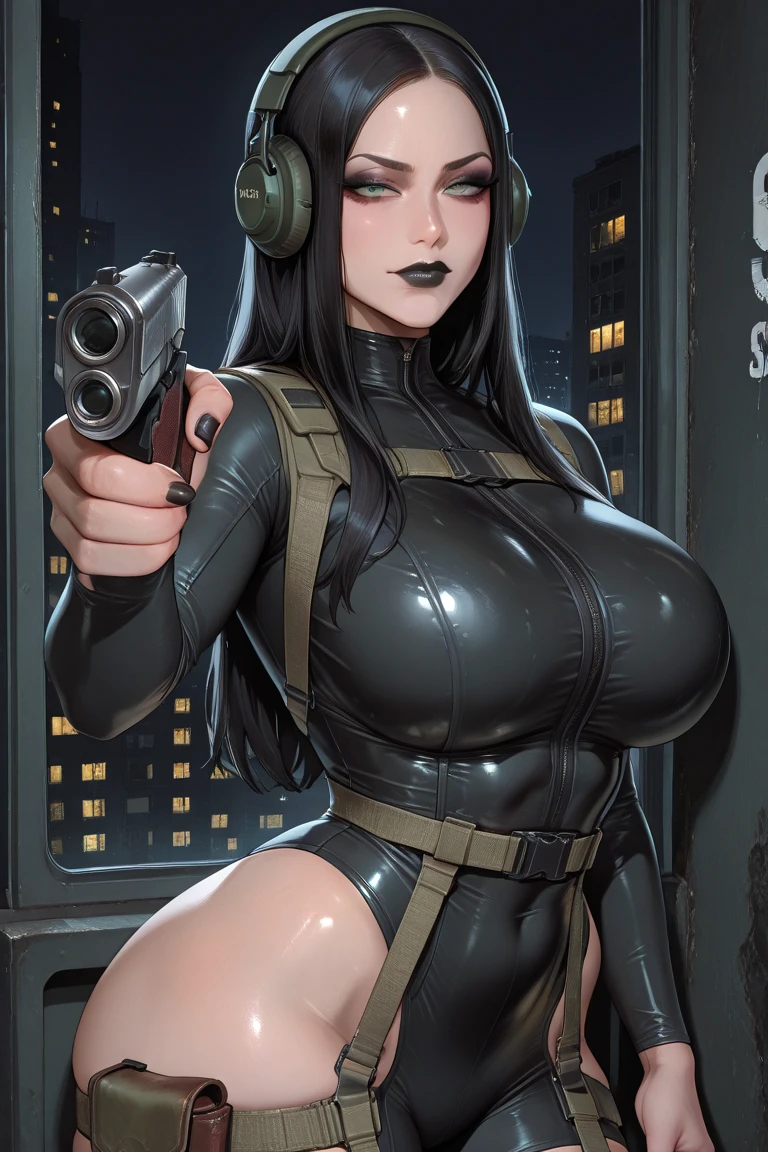 a woman, big boobs, mask, in battlefield at night