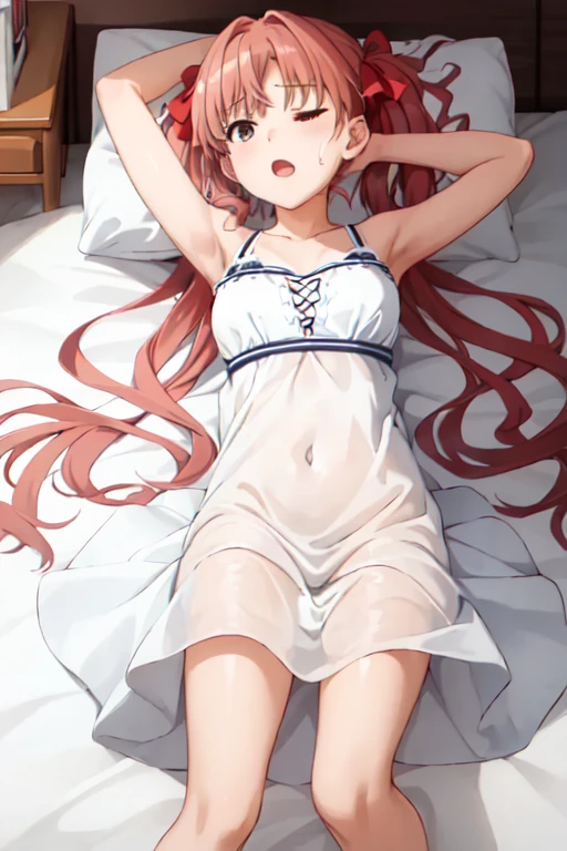 ((masutepiece+Best Quality+High resolution+Illustration 1.3+Ultra-8k)), 1girl in, ((Detailed body)) ((alluring face)) ((long snout)) ((Long facial structure)) (Sharp eyes) ((Red Eyes)) ,Soft skin, Indoor, Sitting on the bed, Looking at Viewer, Nightdress Girl, Blue Nightdress, Detailed body, Short red hair, Detailed eyes, ((detailed shadow)), Lighting, Detailed, Focus, Hand Detail Night Light,Beautiful and perfect legs, Clean and perfect hands(put index finger on mouth:1.2)