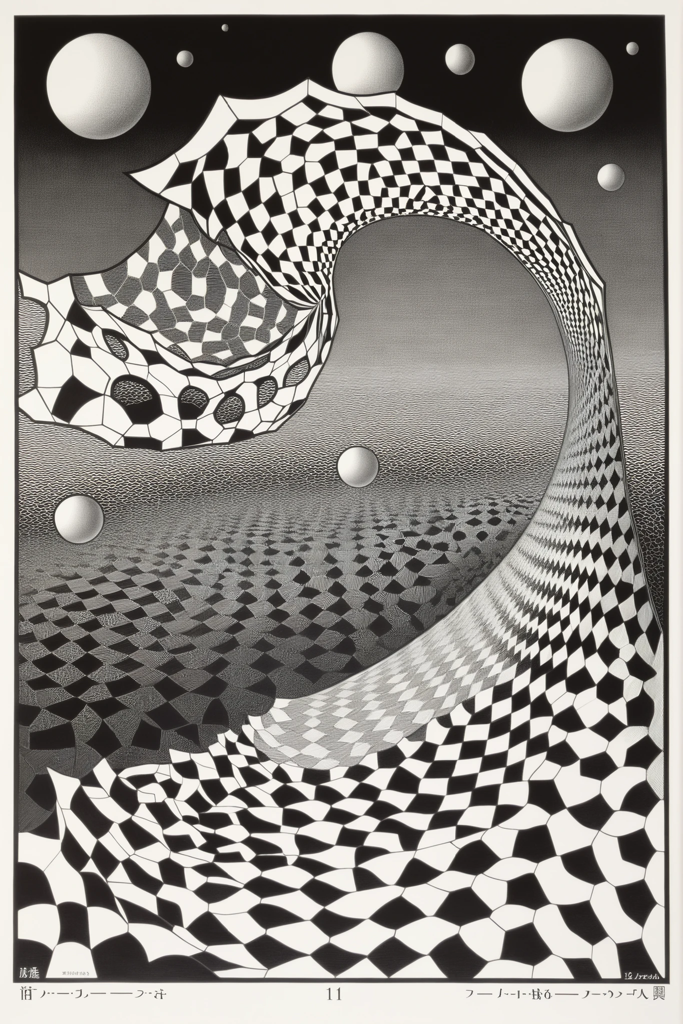 ( Voronoi diagram ) , エッシャーによる不可能なgeometryパターンの中の建築階段 , Optical illusion , math illustrations , sine wave , Gaussian distribution , tessellation , use of mathematics , geometry , and Optical illusions to create impossible worlds and mind-bending images . infinite themes , Recursive , and transformation . A surreal nod of Escher's workmanship :1 . 2 , This artwork exudes 、 draws viewers into a world of paradoxes :1 . 2 hands :1 . 1 bring out each other's existence , forming an infinitely self-referential loop :1 . 1 , homage to the artist's optical brilliance :1 . 2 . , Escher's art , 3D レンダリングされたgeometry的錯覚 , Escher's art ,