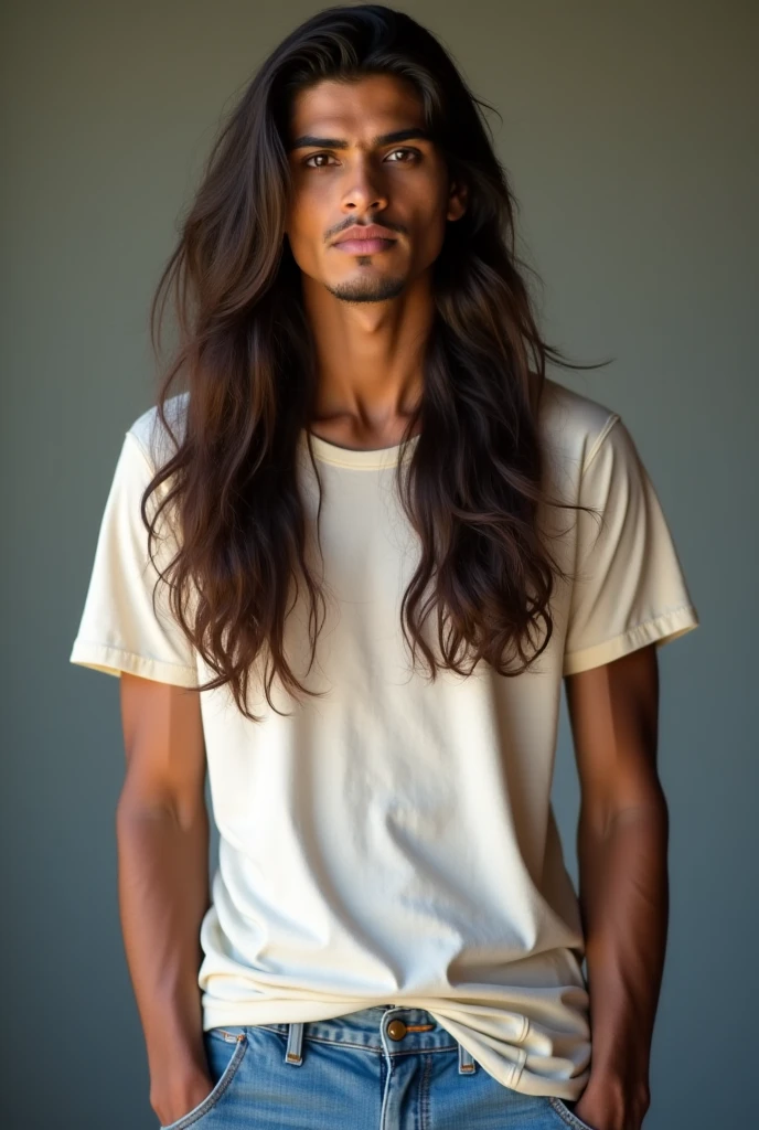 A man with long black hair, 17 years old, slanted eyes and beautiful pink lips, light brown skin, a black t-shirt and posing for a photo.