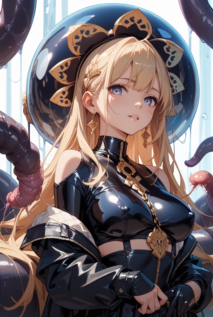 Blonde woman wearing hot water dripping tentacles、wicked smile、Entangled tentacles、Scarabeleploid、Cel Shade Adult Animation、a large amount of mucus、Transparent skin、a whole body