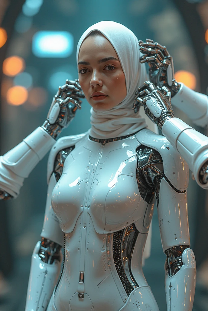 female robot wearing hijab, big breasts, white body, smile, robot arm, raise hand and wearing glove latex