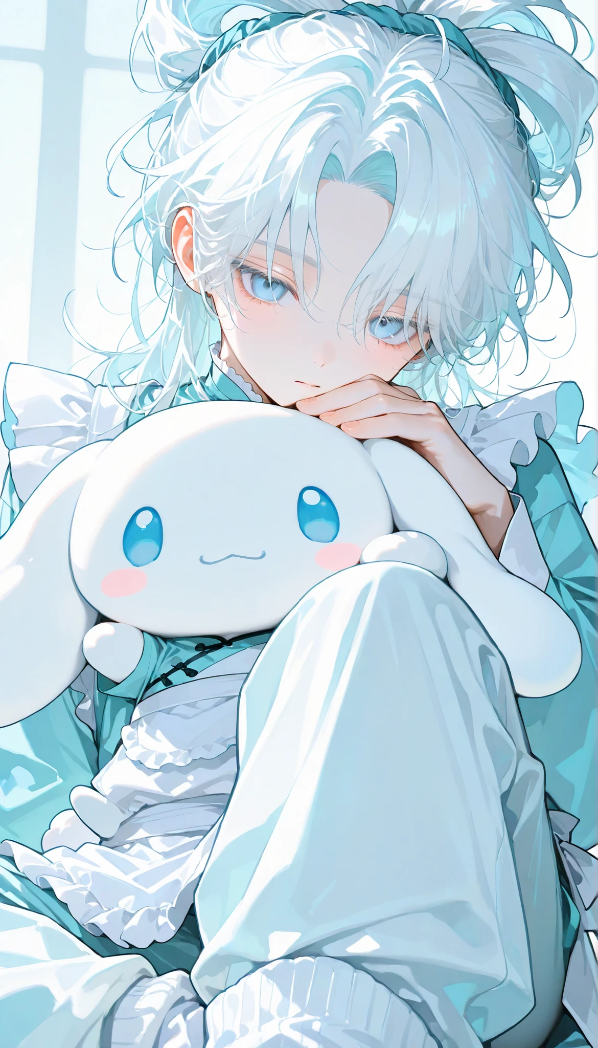 1 boy, youth, shota, milky skin, messy hair, white hair, long hair, curtained bangs, forehead, pale blue eyes, white changpao, overfit, white frill apron, loose socks, mary jane, young, sit down, holding a fluffy, (cinnamoroll, tied ears), face close-up,  front view, very handsome, lovely, hair_behind_ear,