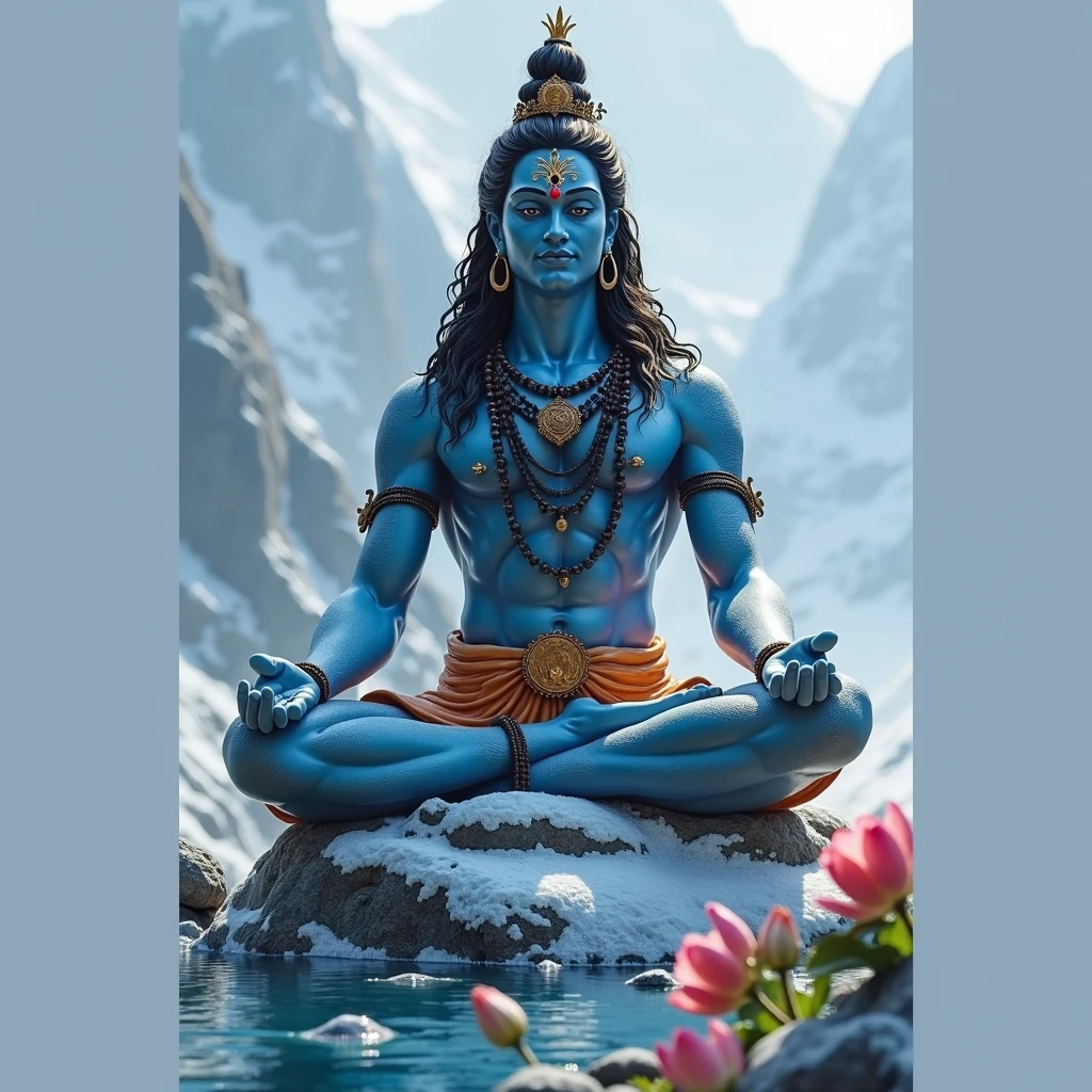 ((best quality)), ((masterpiece)), (detailed), lord shiva sitting at the top giving blessings upon the land, lush grass with flowing river beautiful, Realistic, life like , amazing , sun rise , with mountains and lush forest in the background, shiva is sitting cross legged. With Cresent on the head. Cobra sitting with shiva , add a trident in shivas hand upright on his left hand. On the right hand shivas blessings must be given with sun rays. Shivas palm must be facing forward. Snow topped mountains, lord shiva must have blue skin. Below lord shiva is lord Hanuman, Lord Hanuman is sitting cross legged in a natural position, lord Hanuman has a golden mace in his hand. Lord shiva has a cobra and peacock next to him. Full image , wallpaper. 2 people, blessings, realistic, classic , warmth.
