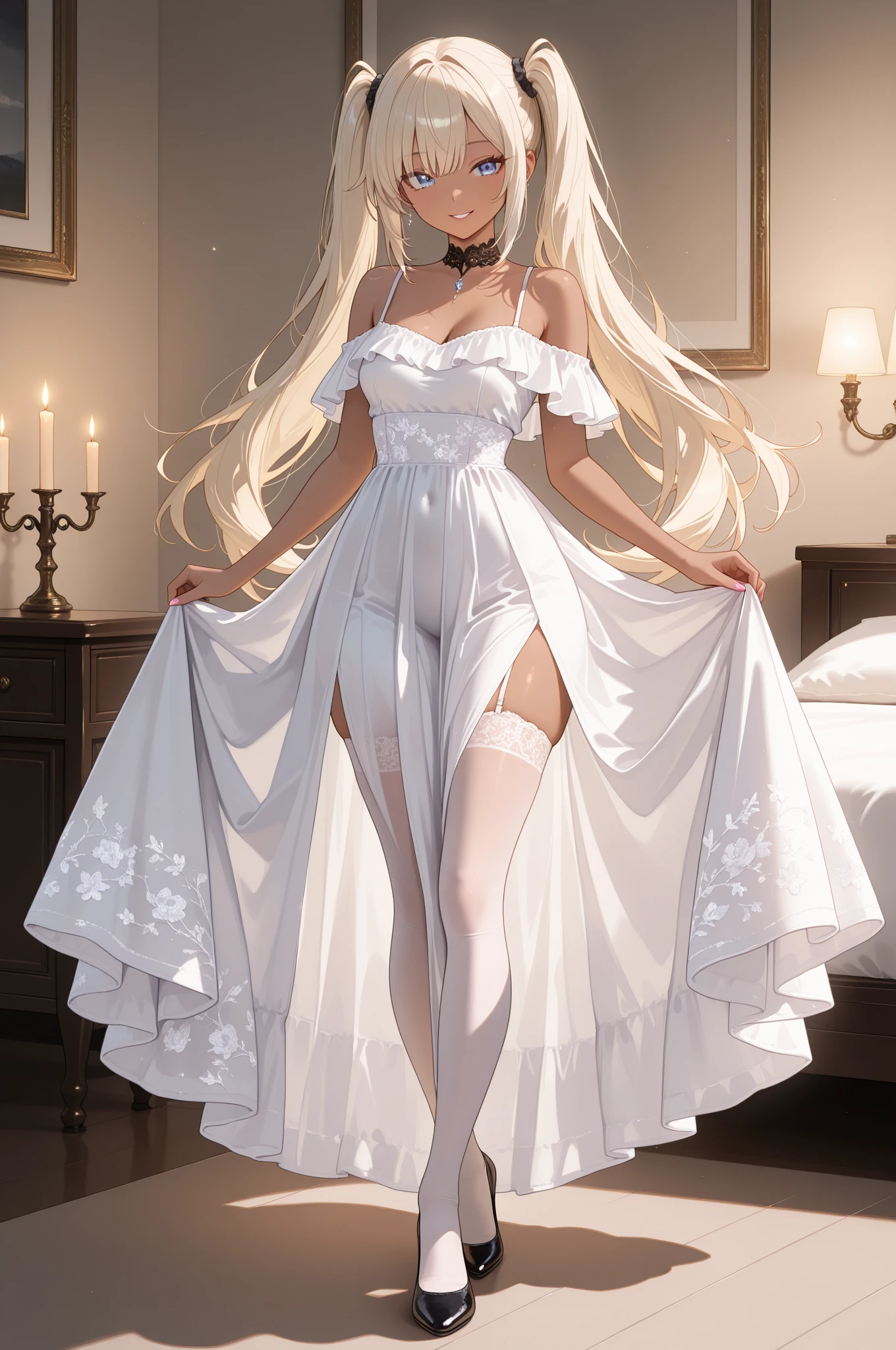 A dancing girl in a white flowery modest gown in a hall of decadent mirrors, her reflections clear across the magnificant hall that tapers towards eternity in a sea of birthing stars that herald the start of a nexus of incandescent possibilities
