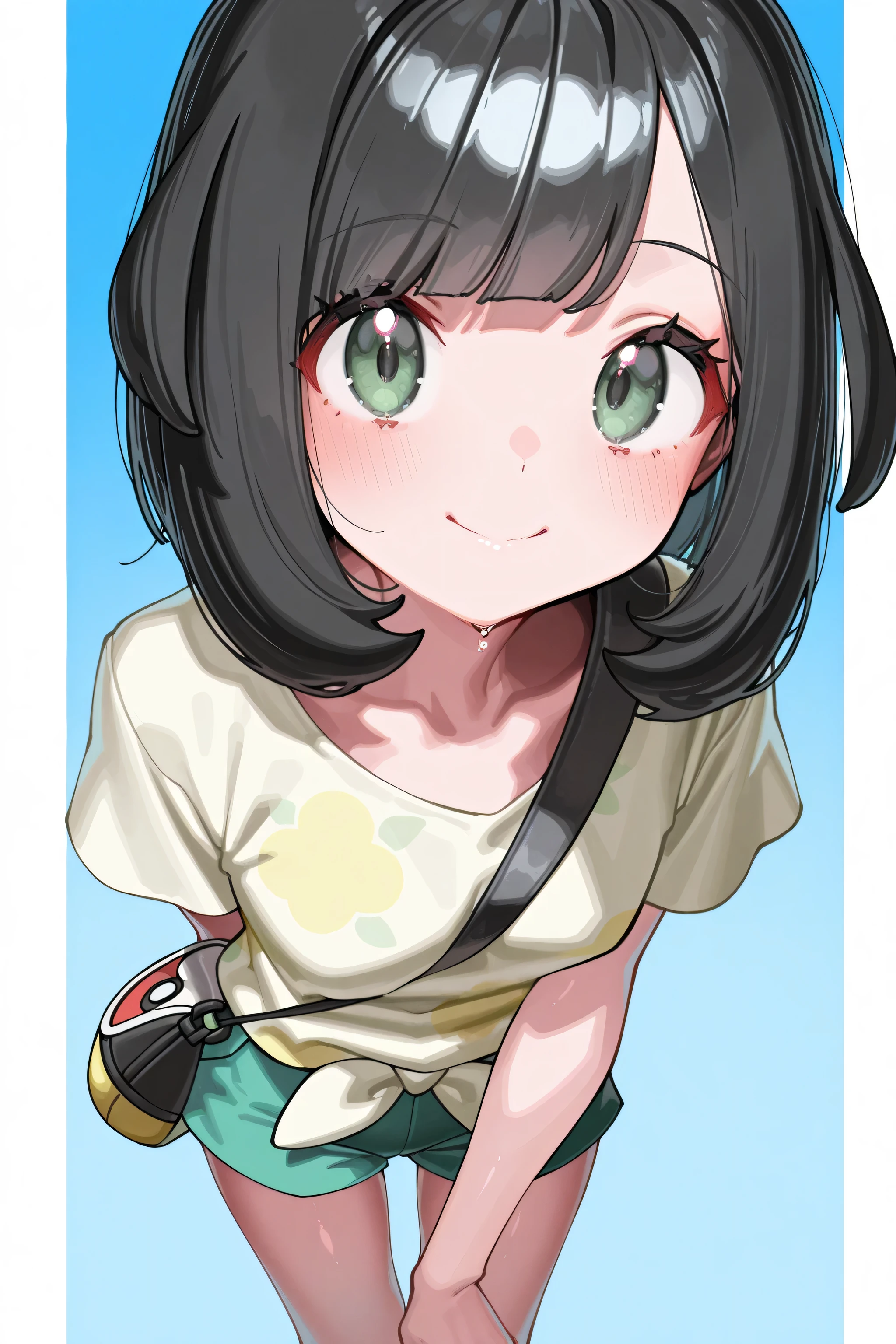 kmj-anonstyle, [artist:yoneyama mai], [artist:kanzarin], [artist: ekrea_jan], masterpiece,best quality,amazing quality, 748cmstyle, solo, eye focus, pokemon, pokemon sm, selene (pokemon), 1girl, bag, black bag, black hair, blue background, gradient background, green shorts, looking at viewer, loose hair strand, medium hair, outside border, pillarboxed, shirt, shorts, shoulder bag, smile, solo, white shirt