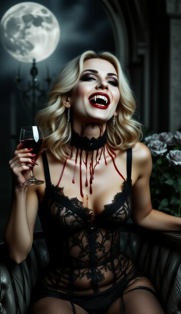 4k, realistic beautiful white skin asian pretty vampire woman, long sharp black shiny fingernails, wearing sexy outfit, holding glass of blood, looking at camera, big necklace, long earring, very long white hair, sitting on ugly old man wearing sleep ware on the bed, throat ripped, blood splatter, extreme gore, sex pose, sex, luxury hotel room, big windows, tokyo,