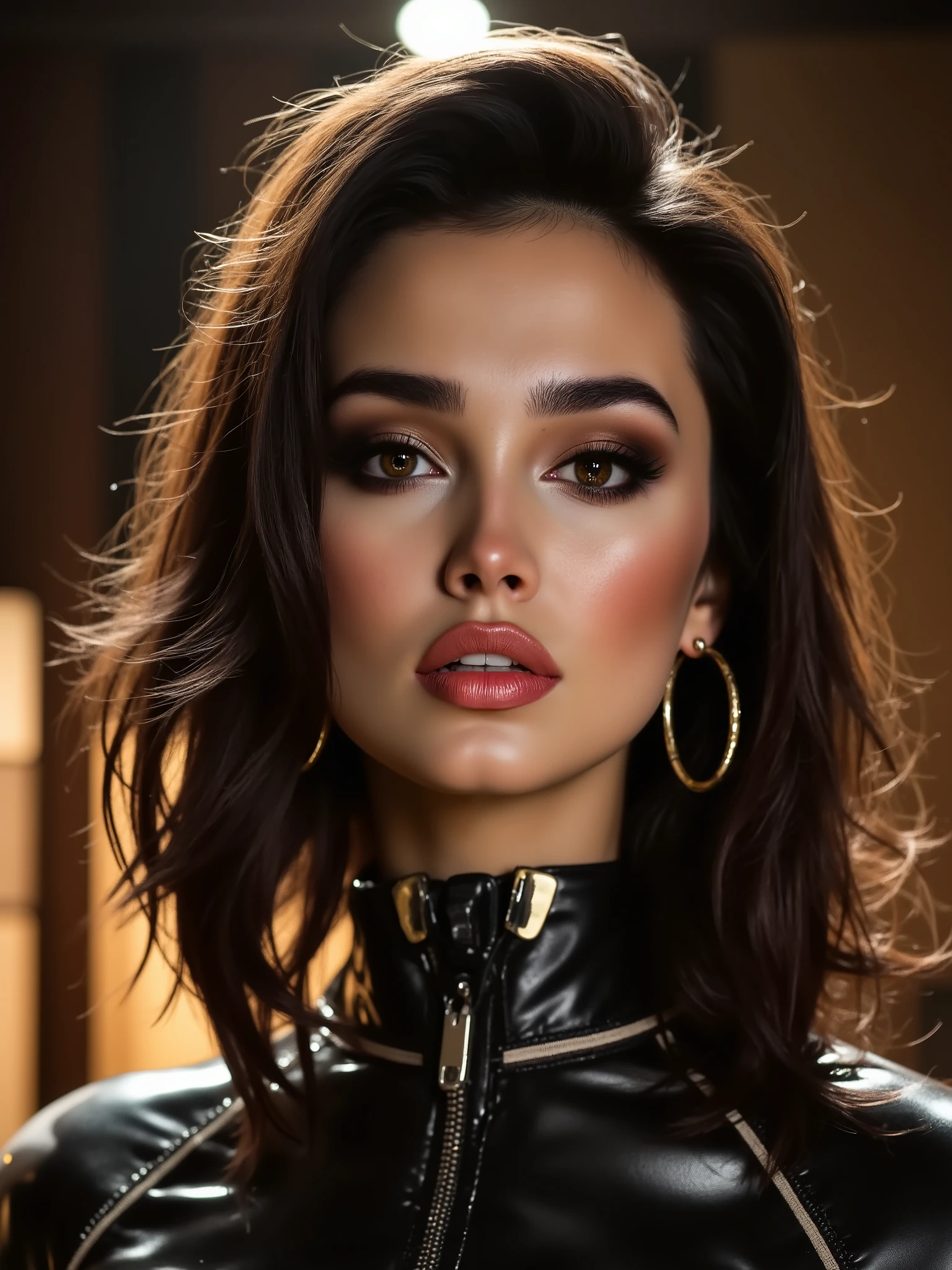 A portrait of a woman, (makeup:1.4), amazing body, (fit body:1.2), latex outfit, highly detailed fur, natural skin texture, 4k textures, detailed belly, Highly detailed perfect , Lightroom, Intricate, Ultra-Realistic, Out There, (HDR:1.3), UHD, (Intricate Detail, Hyper-Detailed:1.1), Cinematic, Photoreal, (Dark Shot:1.2), Dramatic, High Contrast, (Warm Color:1.1) , muted colors, master piece, elegant, sharp focus,