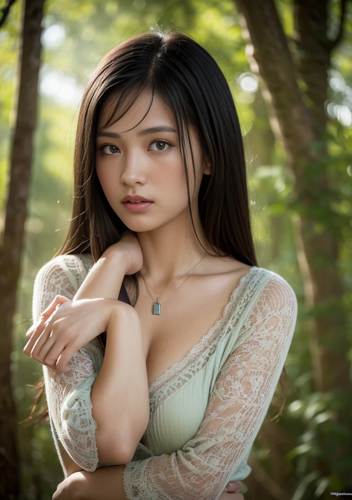 Hyper realistic photo of a very beautiful woman begs forgiveness from her husband who is facing her.