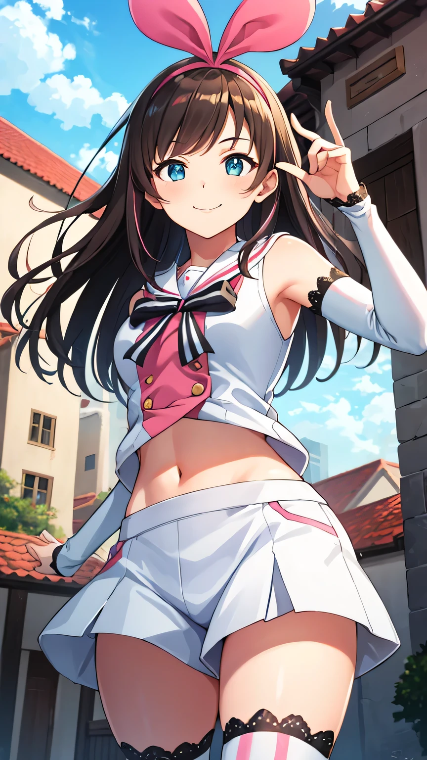 {{{masterpiece}}}, (best quality:1.5), (ultra-detailed:1.5), {illustration}, {{an extremely delicate and beautiful}}, (beautiful detailed eyes:1.5), absurdres, highres, extremely detailed face, 16k, hd, visual anime de uma jovem mulher, extremamente bonito rosto de anime, anime melhor garota, (perfect hands, perfect anatomy), anime face, kizuna ai(Vtuber), 1girl, solo, cute face, long hair, brown hair, multicolored hair, floating hair, streaked hair, pink hair, swept bangs, hairband, hair bow, pink hairband, blue eyes, medium breasts, big hips, curvaceous, BREAK, white shirt, sleeveless shirt, sailor collar, white sailor collar, bowtie, lace-trimmed sleeves, detached sleeves, navel, white shorts, (white thighhighs:1.2), pink striped, lace-trimmed legwear, thighs, zettai ryouiki, BREAK, smiling, smirk, flushed cheeks, walking, flushed cheeks, looking at viewer, outdoor, Medieval Europe, building, sky, daytime, cowboy shot, peer in from below