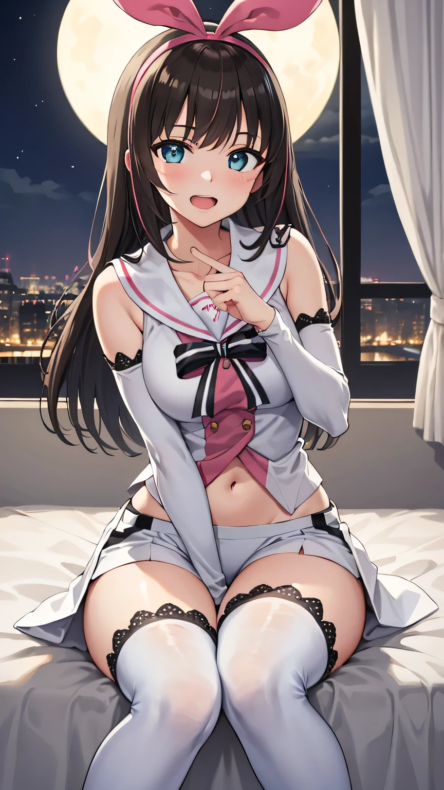 {{{masterpiece}}}, (best quality:1.5), (ultra-detailed:1.5), {illustration}, {{an extremely delicate and beautiful}}, (beautiful detailed eyes:1.5), absurdres, highres, extremely detailed face, 16k, hd, visual anime de uma jovem mulher, extremamente bonito rosto de anime, anime melhor garota, (perfect hands, perfect anatomy), anime face, kizuna ai(Vtuber), 1girl, solo, cute face, long hair, brown hair, multicolored hair, floating hair, streaked hair, pink hair, swept bangs, hairband, hair bow, pink hairband, blue eyes, medium breasts, big hips, curvaceous, BREAK, white shirt, sleeveless shirt, sailor collar, white sailor collar, bowtie, lace-trimmed sleeves, detached sleeves, navel, white shorts, (white thighhighs:1.2), pink striped, lace-trimmed legwear, thighs, zettai ryouiki, BREAK, night, indoor, bedroom, on the bed, window, moonlight, open mouth, smiling, confession, embarrassed, flushed cheeks,from front, looking at viewer, dark room, covering chest by one hand, knees together feet apart, sit