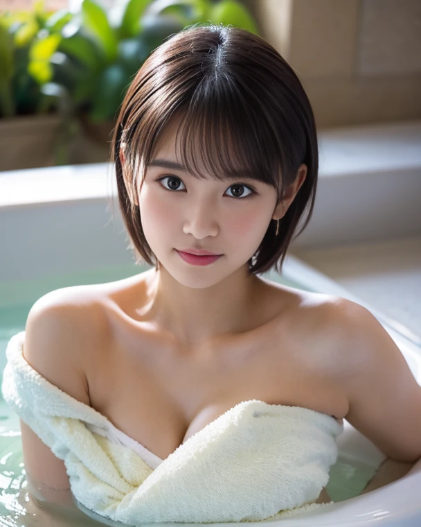 (((Entering the hot spring without noticing the camera)))、Tabletop, Highest quality, One Girl, (beautiful girl, Cosplayers:1.2), (16 years old:1.2), Definition of very fine particles, (Symmetrical eyes,droppy big eyes:1.3), Browsing Caution, (hot spring, , Covering the body with steam,bare shoulders:1.3), She is hiding her beautiful breasts with her hands, Brown eyes,Parted bangs, Brown Hair, Upper teeth,toothy smile