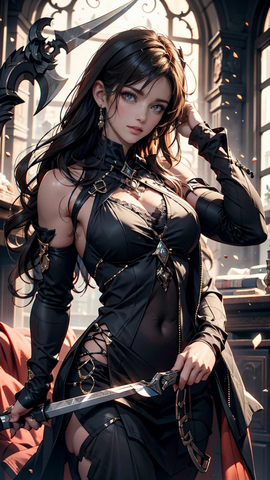 ((best quality, masterpiece, 4k, 8k, high res)), ((furry; Anthro Wolf)), brunette, dynamic pose, ferocious, fangs, full body, female werewolf, sexy, vibrant colors, (edgy punk hairstyle), knight armor, well-toned abs, Victorian dress, goth corset,