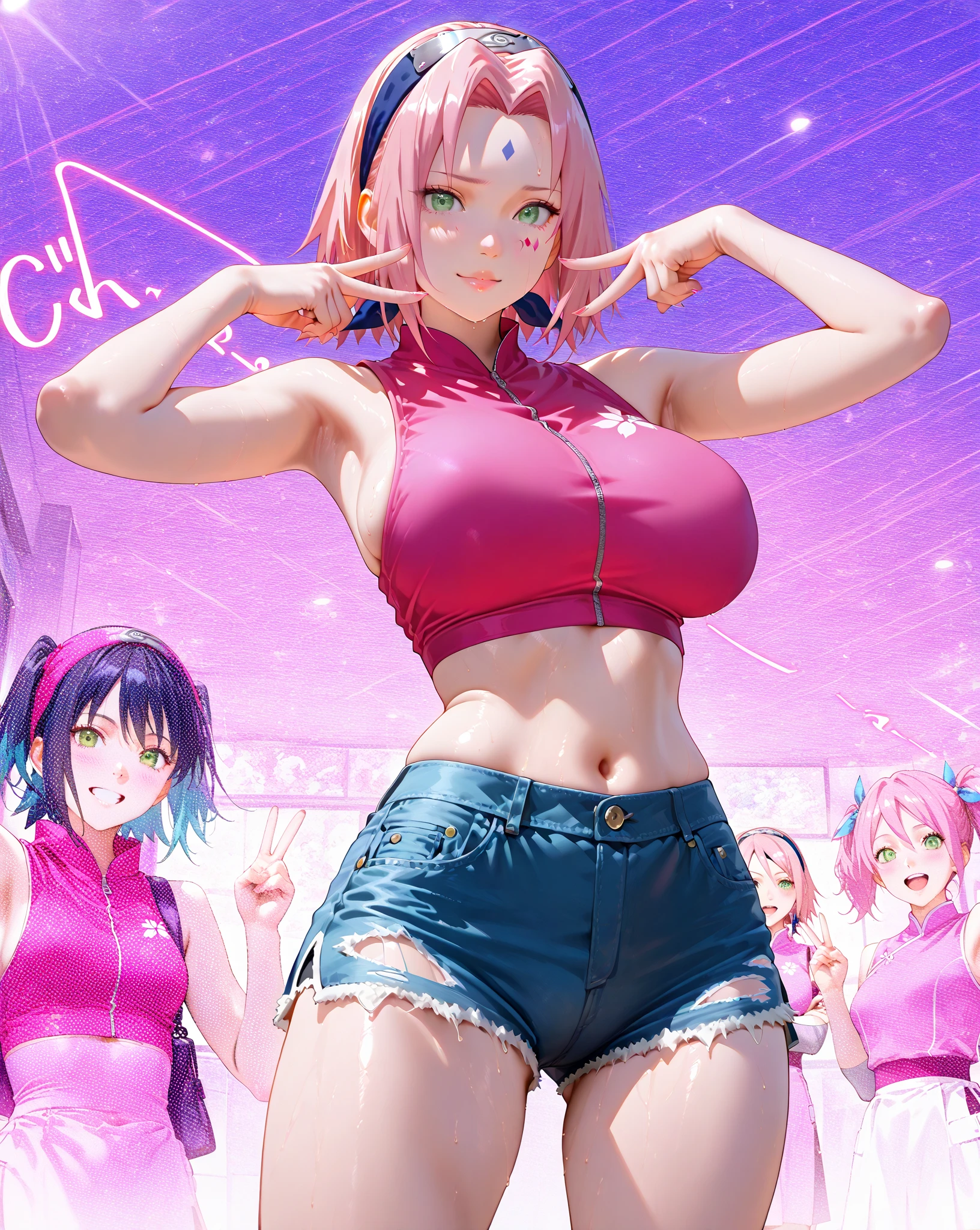 masterpiece, 1girl ((20year old, crop top shirt exposes navel, tight blue jeans, medium breasts, multicolor pink hair, twin ponytails, green eyes, flirting, happy, big smile, headphones, standing in a bedroom with spooky and scary Halloween decorations)) ((nighttime)) ((dark, spooky, scary, ethereal))