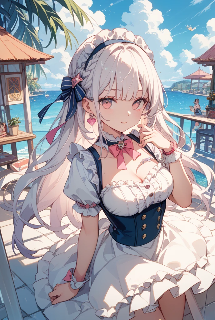 anime styled, Anime Artwork,The ultra -The high-definition,超A high resolution,wink,Clear eyes, Pretty lips, Beautiful girl with well-formed face,long eyelashes, Twin tails tied with a red ribbon,blonde hair, A begging look, Sheer emerald green short dress in sheer fabric,see -through,The areol, fullnude,bare-legged,Draw the whole body from the top of the head to the toes。A deserted summer coast