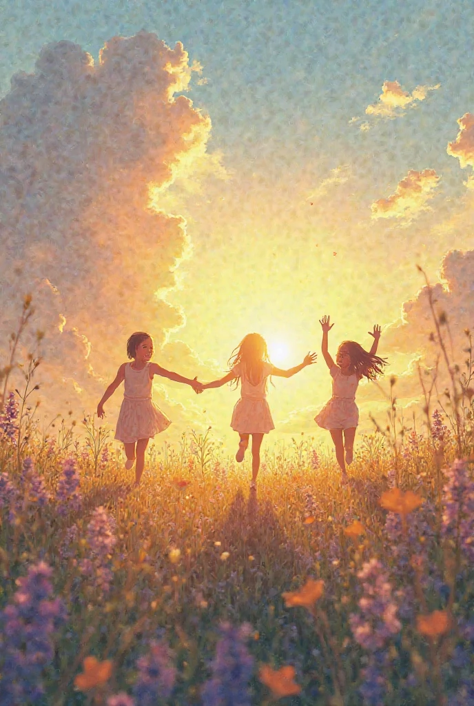"Children playing together in a sunlit meadow, laughing and dancing with glowing hearts above their heads, surrounded by bright, joyful colors."