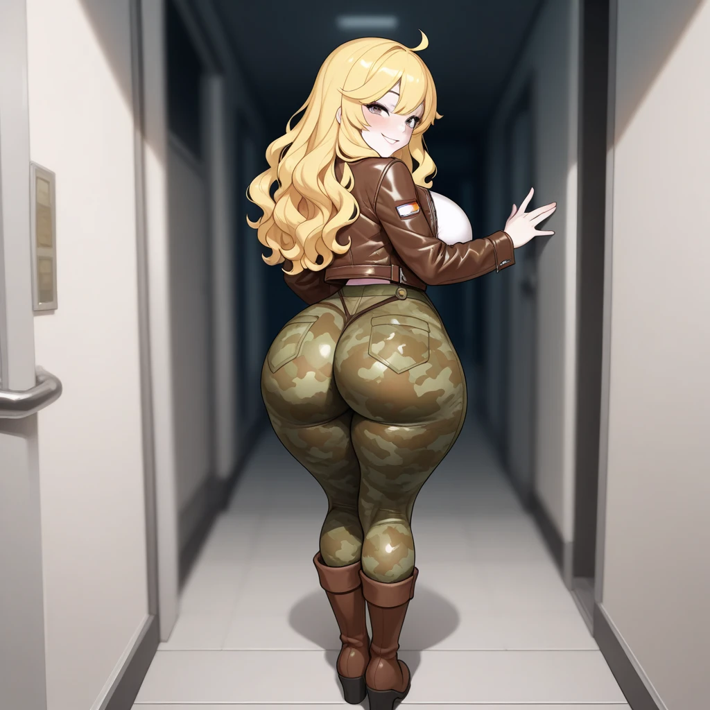 19 years old, (facing away from viewer), (from below:1.3),large breasts, triple D cup breasts, round buttocks, bubbly buttocks, wide hips, bubbly ass, fit and strong, slender body, blonde hair, emerald green eyes, sexy, seductive, cleavage, wearing a bathing suit with zipper down, unzipped, high resolution, 8k,