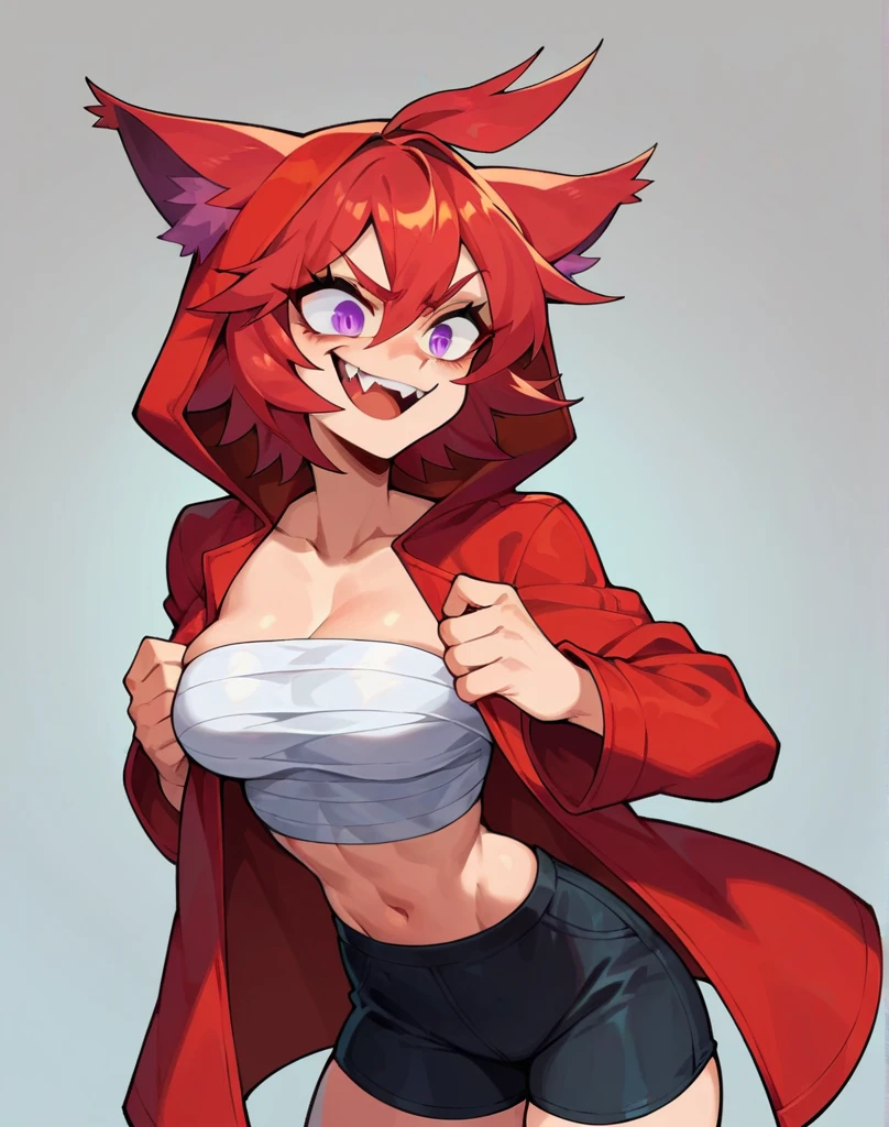 pessoa solo, female, Salsicha masculino,Fofa,raposa,canid,pelo vermelho,Longos cabelos rosa,The ends of the hair are purple,um olho vermelho,Intimidado,adolable,Handsome,Hand on waist action, women's underwear, coxas grandes, cintura fina, peitos grandes, bra with tip of the chest, jaqueta curta