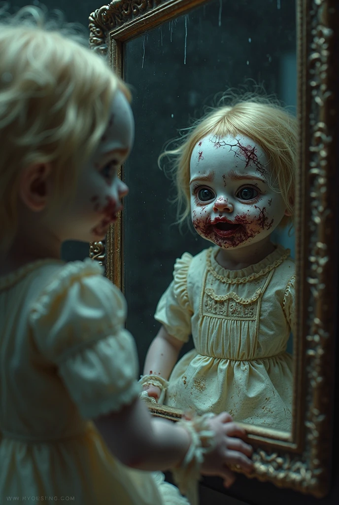 Picture of the same real life woman with light brown skin age 1 curly hair wearing light blue dress full body with wide forehead now bleeding huge 