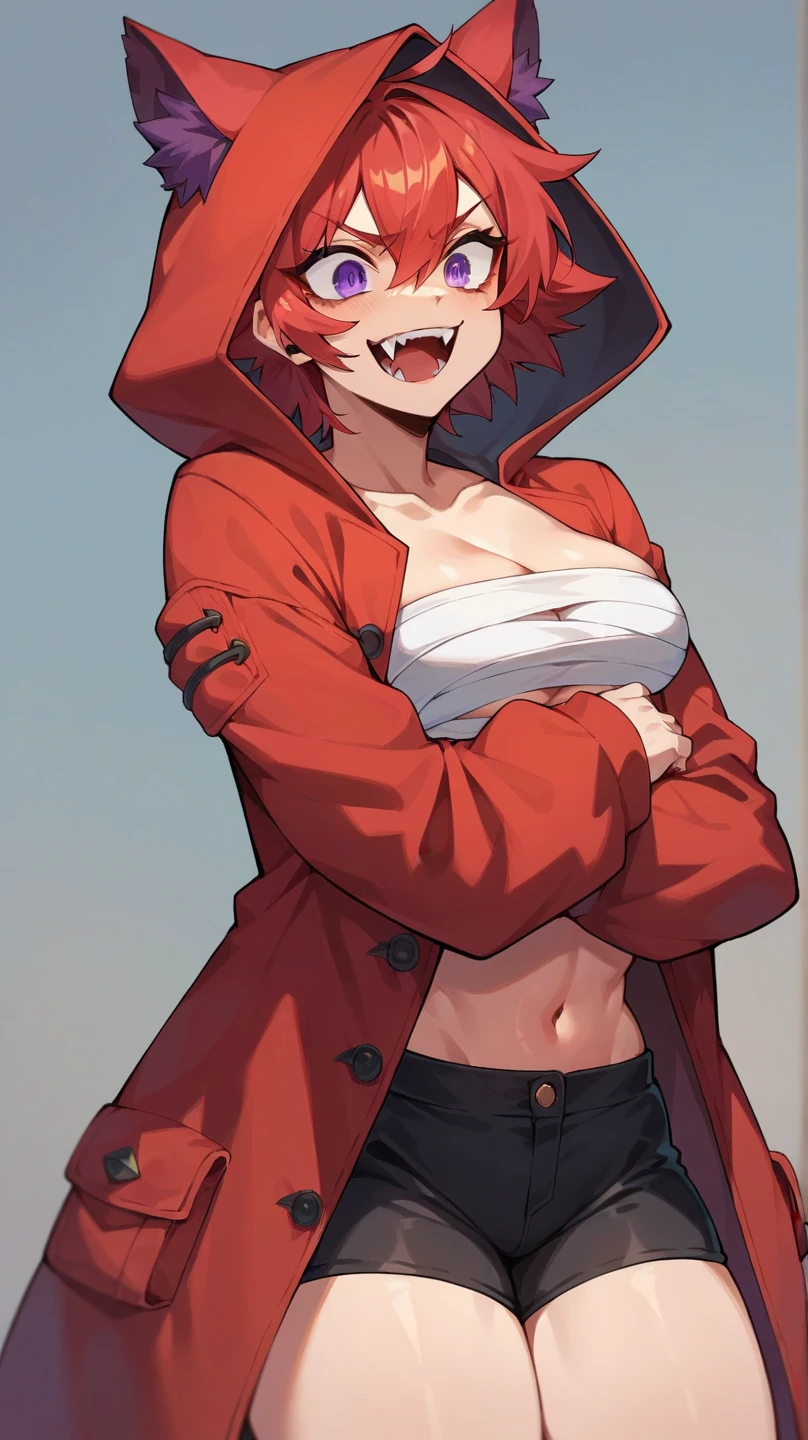 power from chainsawman, yellow vivid demon eyes, with her iconic two red horns on top her head, fangs, sharp teeth, wearing loose white long sleeve, cleavage, black dark business pants, outdoor, busy day, tokyo, park, windy, sunny, light rays, sitting on park bench, sexy pose, smiling