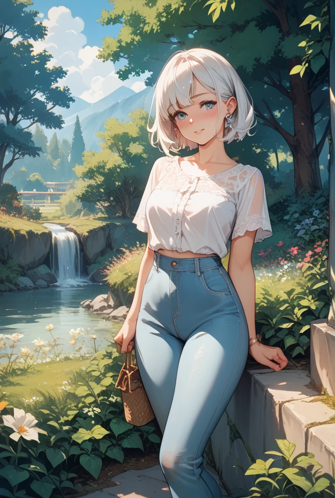An elf woman, dark tanned skin, beautiful silver hair, white short-sleeved shirt, nipple protrusions, navel visible, jeans, sneakers, pointed ears, beautiful red eyes, pink lips, looking at the viewer. Staring, embarrassed face, smiling, opening mouth, looking up at the viewer, park, sitting on the lawn, wrist watch,