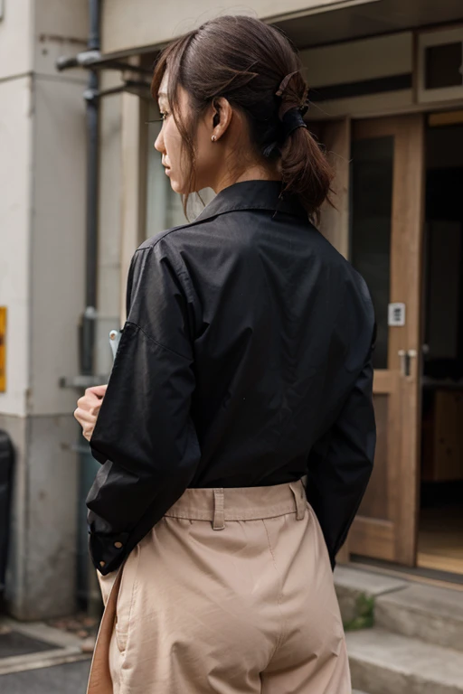 Jessica Henwick, black jacket, white t-shirt, blue jeans, from behind
