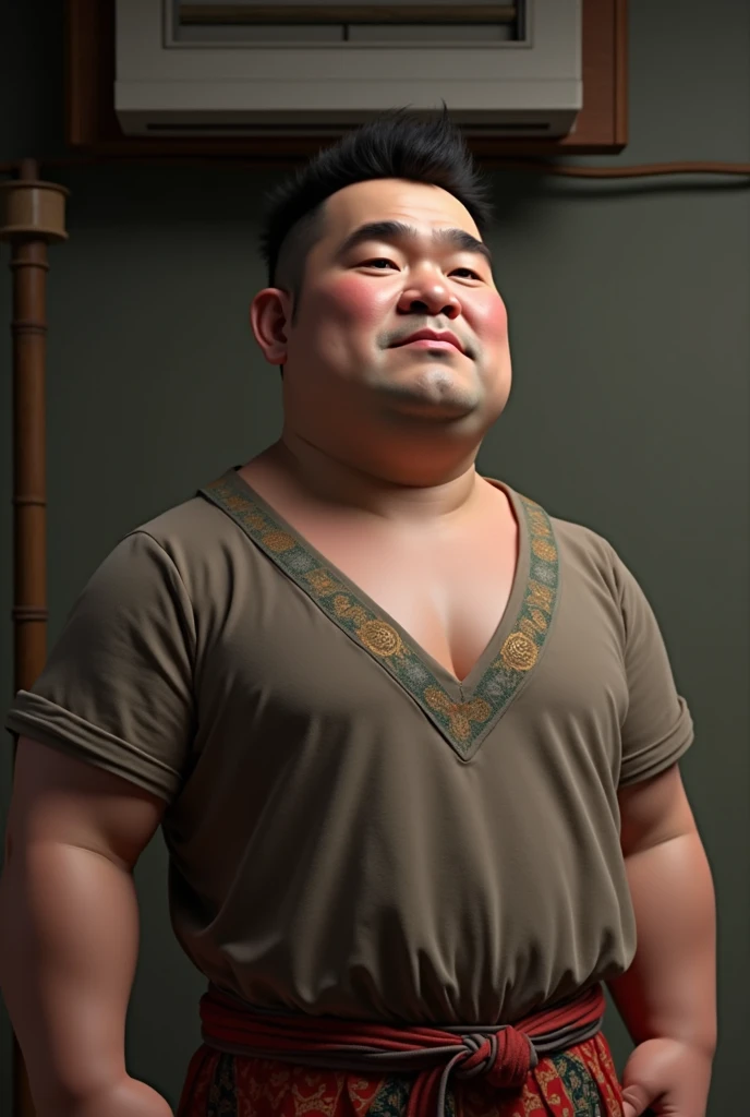 a topless chubby asian man with tattoo all over his body, in the middle of a living room, vivid color, ultra detail, cinematic lighting, super realistic,