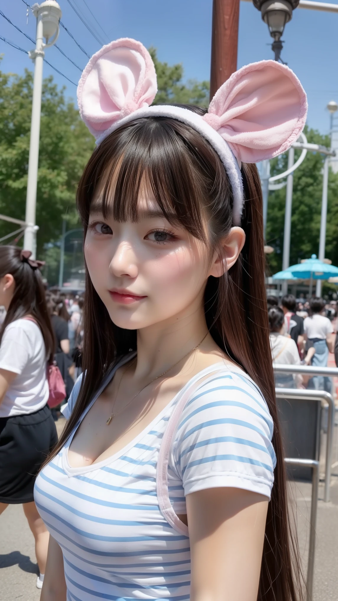 arafed woman wearing rabbit ears and a blue dress, with rabbit ears, Has big rabbit ears,  girl, has long floppy rabbit ears, with rabbit ears, rabbit ears, Yoshitomo Nara, shikamimi, Beast, Chiho, wearing cybernetic rabbit ears, wearing a  suit