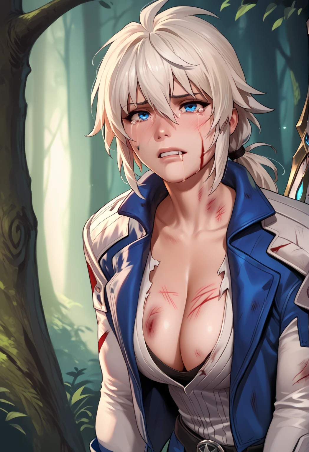 (ultra-detailed,absurdres,absolutely resolution,highres:1.3),
(prison cell,stone construction,bloodstained,blood puddles,cracks:1.4), (indoors,abandoned building,urbex:1.3), ((dark theme)),
1girl, solo, clothes reflecting light, cinematic lighting, BREAK
(((lace panties,white panties,lace-trimmed,frills))), wearing panties, BREAK
(lying,on back,dead girl:1.4), (((lie supine))), (facial profile:1.3), ((spread legs)), shoot from above, BREAK
(bleeding from head,blood dripping face:1.4), (arrow piercing through chest,bloody arrow:1.3), (bleeding from body,blood overflowing from her waist:1.3), (bloody clothes:1.3), (blood,blood splatter,injury,damaged:1.3), (dying,dead body,grotesque:1.2), blood dripping on the floor,
(torn clothes:1.3), (torn dress,torn skirt:1.3), (((torn))), (show off nipples:1.3), ((nipples)), nsfw, BREAK
(((constricted pupils))), (((surprised,horrified,scared))), drooling, (saliva trail):1.3, (streaming tears,crying):1.3, (open mouth):1.2, wide-eyed, BREAK
(musse egret,green hair,hairclip,hair between eyes,bangs,short hair,purple hat:1.3), BREAK
(musse egret,purple jacket,purple miniskirt,white gloves:1.3), green ribbon, belt, BREAK
(wearing black boots,white thighhighs:1.3), lace-up boots,