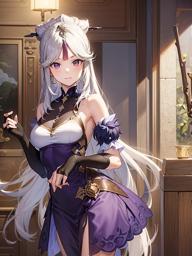 table top　High level image quality　best image quality　8K　 adult woman　whole body　portrait　pure white long gloves（elbow gloves）　garden　white long dress（slit）　white wolf ears　short hair（（shortcut）（gray hair）（perm）（fluffy））　eye color is blue　attractive evil face（（smile）（open your mouth））　sexy pose  , standing,  labrynth , view from behind , butt expose , leg on table