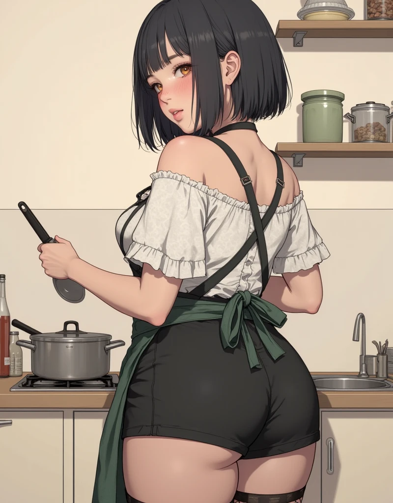 girl,blunt bangs,short hair,large breast,black hair,red eyes,embarrassed,blush,back view,from below,naked apron,tanga,kitchen knife,kitchen,morning,