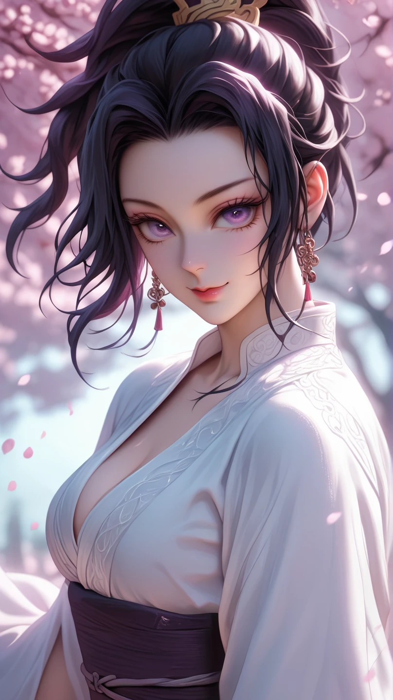 (masterpiece), best quality, 1girl, looking at viewer, (hinata)\(shippuden\), parted lips, wind lift, bottomless, purple white fabric , black hair, long hair, white eyes, solid eyes, big breast masterpiece, absurdres, hinata\(boruto\), 1girl, solo,mature female, off-shoulder oversized shirt, looking at viewer, (falling petals), perfect composition, detailed lips, big breast, beautiful face, body propotion, blush, (pink lips), long hair,  purple eyes,  soft gaze,  super realistic, detailed, photoshoot, realistic face and body,martial art,