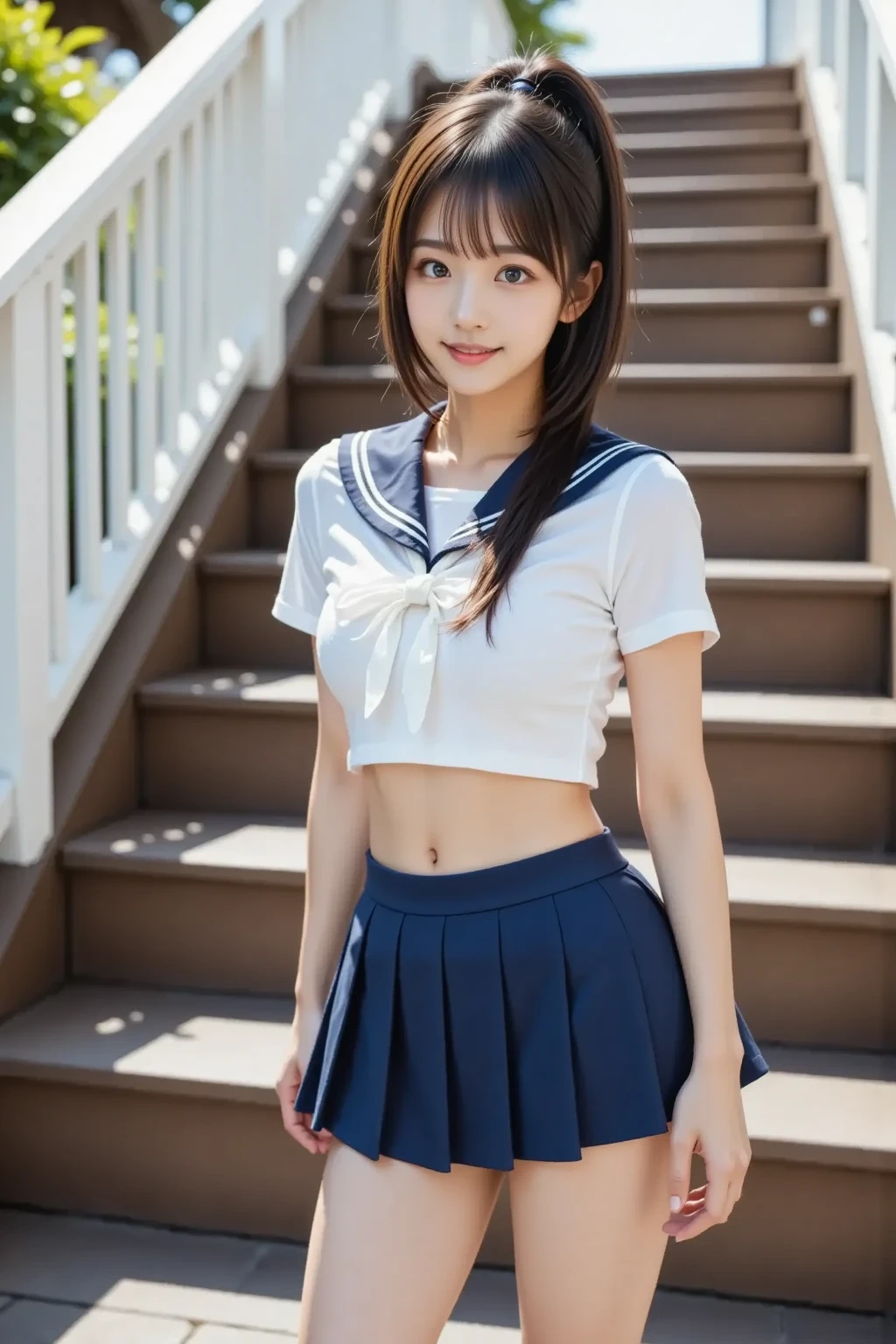 (photorealistic:1.4), (Subsurface scattering), (Professionally graded photograph with Sunbeams across Foreground), light tone, 
Perfect Anatomy, (Realistic skin with pores:0.2), 
realistic, Photo realistic, best quality, detailed face,
(8k, best quality, Ultra Detailed),
cinematic angle, dynamic pose, 
BREAK
(little girl, young girl, beautiful girl, tidy, graceful, have energy, Small breasts, Small areola), laughing, smile, looking at viewer, 
wearing sailor uniform, black shoes, 
<lora:flat2:-0.3>