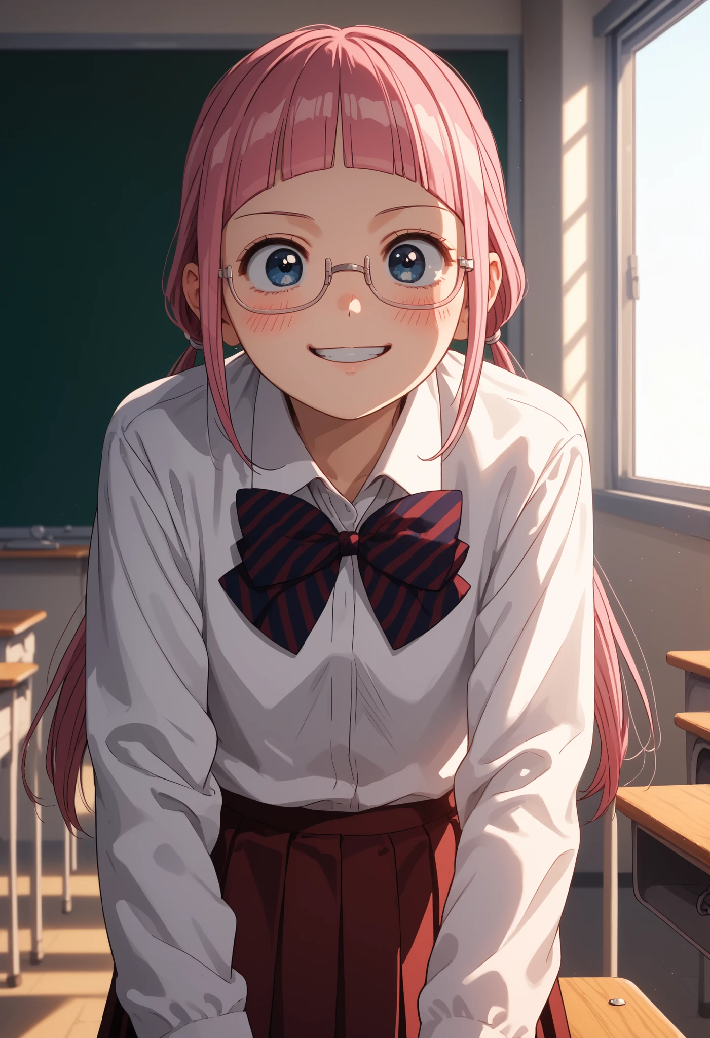 score_9, score_8_up, score_7_up, solo source_anime, makeruyadano, makeru yadano, long hair, bangs, ponytail, pink hair, twintails, blunt bangs, blue eyes, glasses, skirt, shirt, long sleeves, bow, school uniform, white shirt, pleated skirt, striped, collared shirt, bowtie, red skirt, striped bow, striped bowtie, in a school classroom, smile, blush, looking at viewer, cowboy shot, dynamic angle, masterpiece, 8k quality, high resolution, perfect lighting, dreamy atmosphere