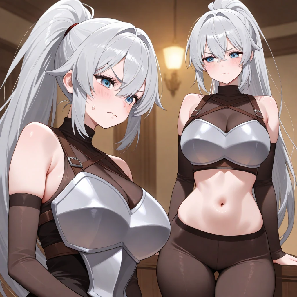 (((1 demoness))), ((detailed blue eyes)), ((long silver hair)), large breasts, curvy hips, perfectly drawn body, seductive smile, wearing white jeweled bra and panties, adorned with blue roses, best quality, masterpiece, ultra-detailed