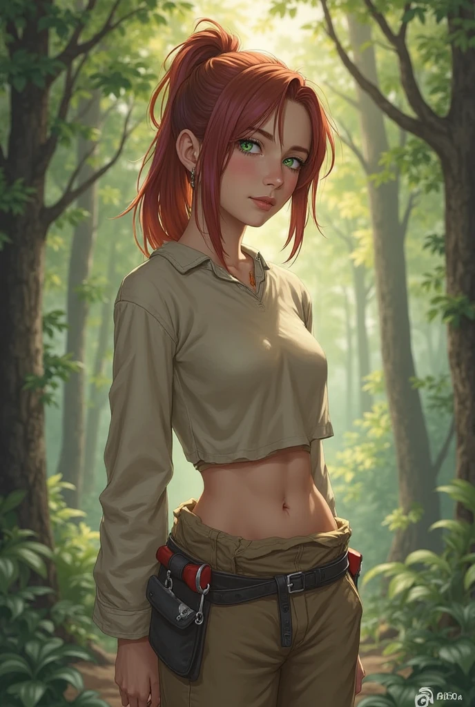 1girl, solo, masterpiece, best quality, detailed, narrow waist, wide hips, large breasts, big ass, score_9, score_8_up, score_7_up, red hair, twintails, long hair, forest, camouflage hoodie, black pants,