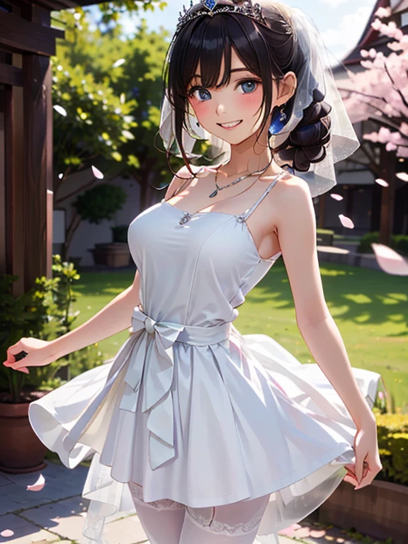 masterpiece, best quality, misaki, 1girl, arms behind back, long hair, looking ahead, white thighhighs, depth of field, upper body, looking at viewer, sky, blue dress, see-through, blue flowers, glowing flower, on grass, too many flowers, glowing star, night, smile, <lora:misaki-000018:0.6>