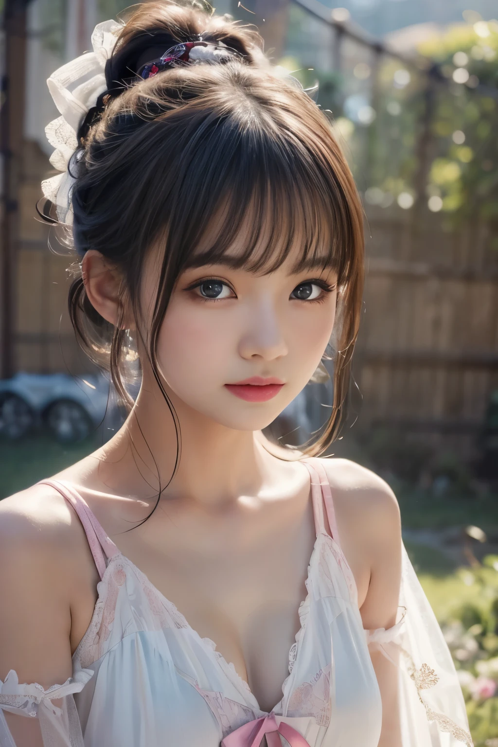 blush,14 years old,small breasts,long hair ponytail,outdoors,White T-shirt and denim overalls,close up of face,((8k, RAW photo, highest quality, pieces fly:1.2), (reality, realistic:1.4), (Highly detailed 8k wallpaper), written boundary depth, cinematic lighting, soft light, Details beauty eye,Shiny and smooth light brown ponytail, asymmetrical bangs, shiny skin, super dense skin ,High resolution, high detail, detailed hairstyle, detailed beauty face, hyper real, perfect limbs, perfect anatomy ,1 Japanese girl,famous japanese idol, perfect female body,shy smile,short eyelashes,double eyelid,look straight here,Hair style is ponytail,
