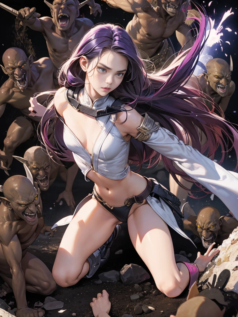 Highest quality、rape、Captured by mutants、Surrounded by mutants、defeat、Beautiful woman with very long purple hair、White Armor(Mid-chest、Off the shoulder、Sleeveless、No elbow pads、belly button、High Leg、Exposed thighs)、White Armorのブーツ、Tears overflow、Frightened expression、On the Run 1:5、Attacked by mutants 1:5、Many violent mutants 1:5、The mutant grabs him by the arm.. Mutant attacks from behind、Mutant grabs leg、Mutant Swarm 1:5、darkness、Different world、Dark fantasy、Pitch Black Hell