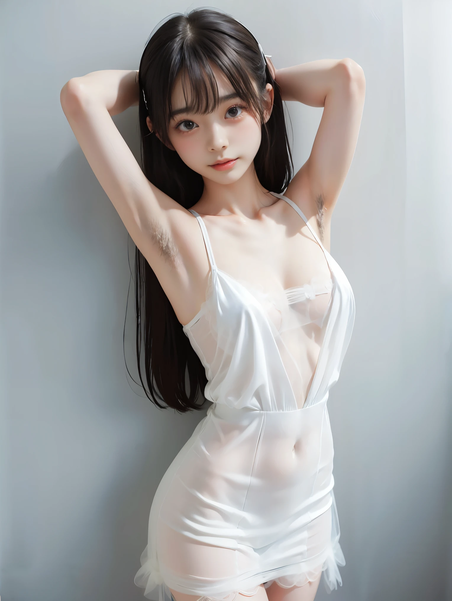 Beautiful woman looking at camera, very sexy maid costume, detailed photo, petite person, (slim, small, flat, small), sexy pose, wet body, drenched, 10 year old girl,