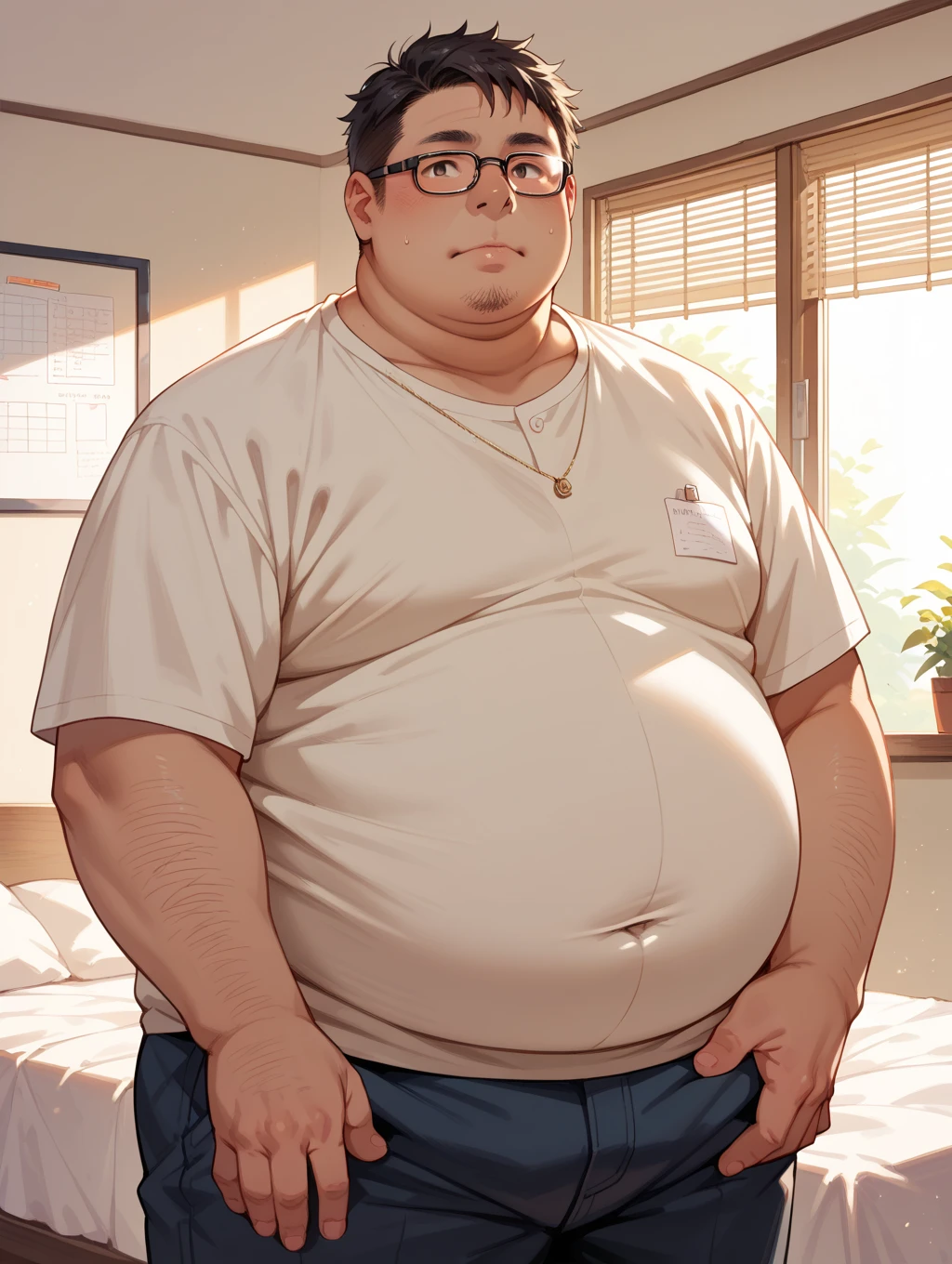 A fat man,Big eyes,Black round glasses,short hair,Round inches,Big round face,Very large and well-developed chest muscles,Big full belly,Standing under the glass window curtains,The upper body is bare,Wearing briefs with bulge in the crotch,Oriental male,Full body front view