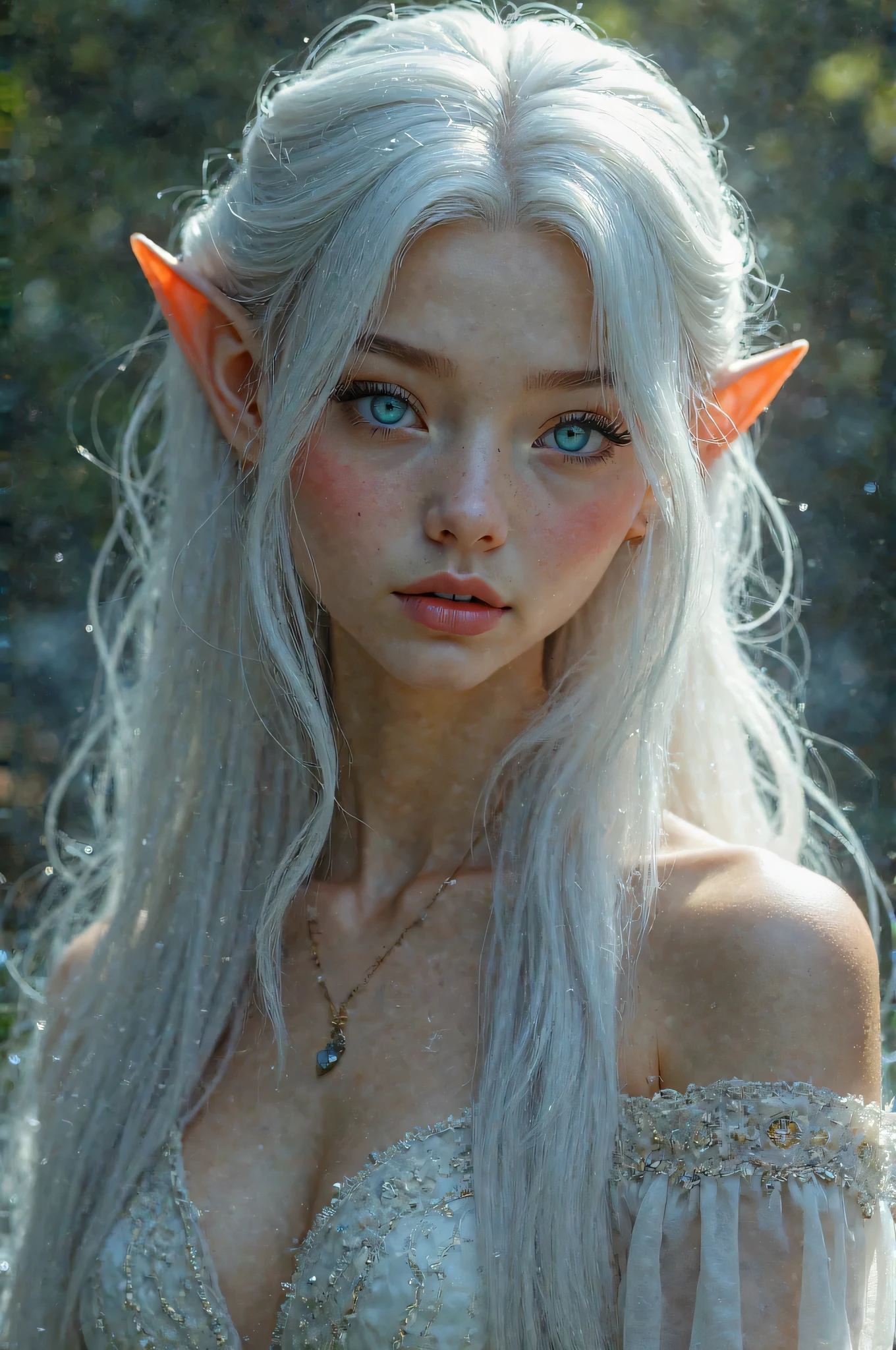 Elf woman, white hair, white ayes, full body, foots, nude, realistic.