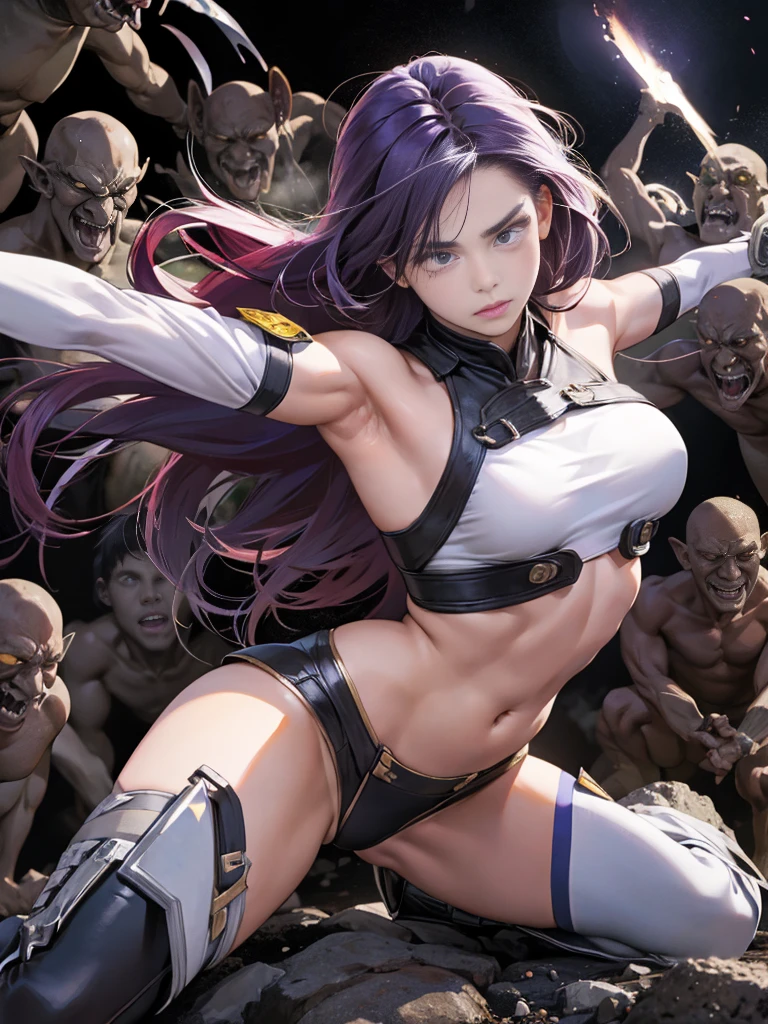 Highest quality、Battle of Despair 1:8、Beautiful woman with very long purple hair、A sexy light blue see-through dress(No sleeve、Chest exposed、Belly button、Thigh exposure)、Tears overflow、Frightened expression、run away、Attacked by mutants 1:5、Many violent mutants 1:5、Mutant Holding Arm Mutant attacks from behind、Mutant grabs leg、Mutant Swarm 1:5、Midnight、Different world、Dark fantasy、hell