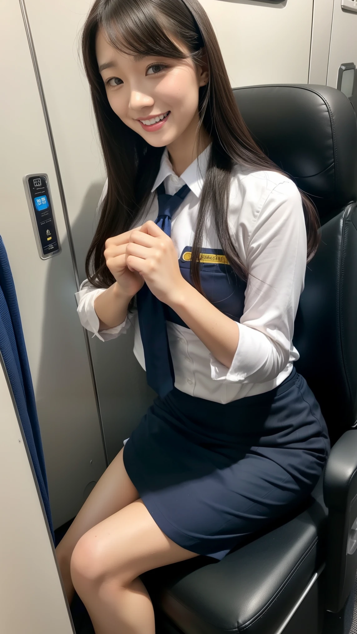 (8K, best quality, masterpiece:1.2), (realistic, photo-realistic:1.37), (high color saturation:1.0), (highly detailed skin), (highest quality:1.0), (ultra high resolution:1.0) ,(realistic:1.0), (Super detailed:1.0), (8K, Raw photo:1.1)、standing random pose, smiling, natural breast, perfect lighting, 3girls, 24years old, (mysterious), clear and detailed, ((ANA_Cabin Crew, blue flight attendant_uniform)), no pantyhose, (aircraft, aircraft seats), cute face, squat , (pick up handkerchief), sexy panties,